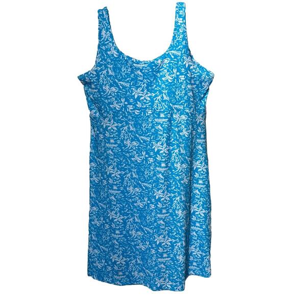 Palm Print Tank Dress Large Blue Sleeveless Vacay Size L PFG Columbia Sportwear - Picture 2 of 13